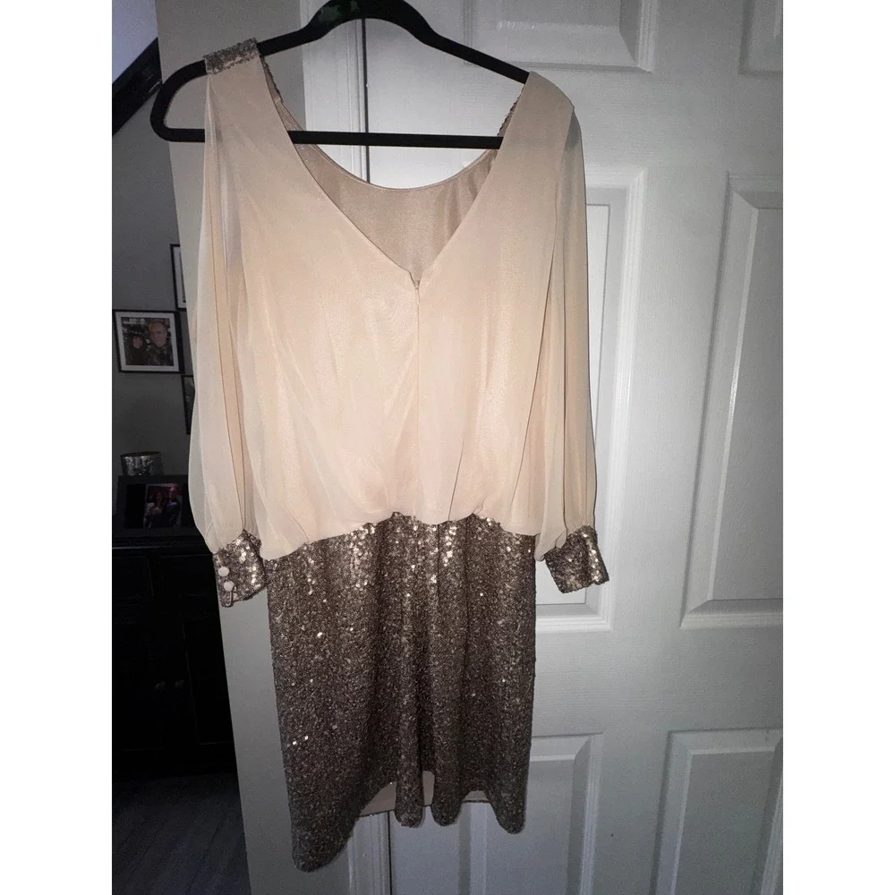Cache Women‎ Rose Gold Sequin Cold Shoulder Blouson Cocktail Dress Size 10